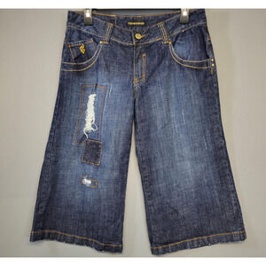 Rocawear Denim Jean Shorts Wpmens Jrs 11 Blue Baggy Y2K Hip Hop Distressed Patch